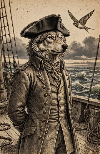 Lupo in cappello a tricorno e cappotto da capitano sul ponte di un veliero, con una rondine in volo