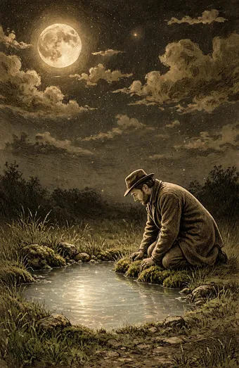 Uomo con cappello inginocchiato sul bordo di una pozza in un prato notturno, sotto la luna piena