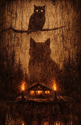 Taverna dalle finestre illuminate sulla riva di uno stagno, fra due torce accese; sopra, nella corteccia, le sagome di un grosso gatto e di un gufo dagli occhi lucenti