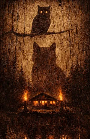 Taverna dalle finestre illuminate sulla riva di uno stagno, fra due torce accese; sopra, nella corteccia, le sagome di un grosso gatto e di un gufo dagli occhi lucenti