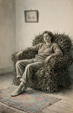 Uomo sprofondato in una poltrona fatta interamente di tralci spinosi, in una stanza con il tappeto consumato e un quadretto alla parete