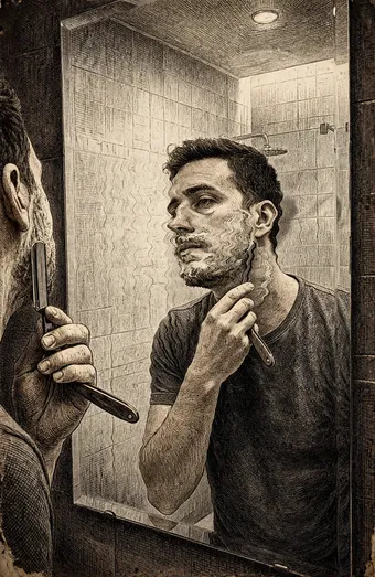Uomo che si rade con un rasoio a mano libera davanti allo specchio di un bagno