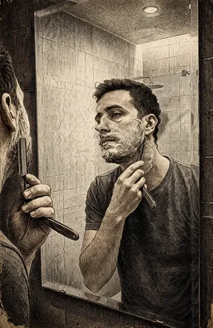 Uomo che si rade con un rasoio a mano libera davanti allo specchio di un bagno