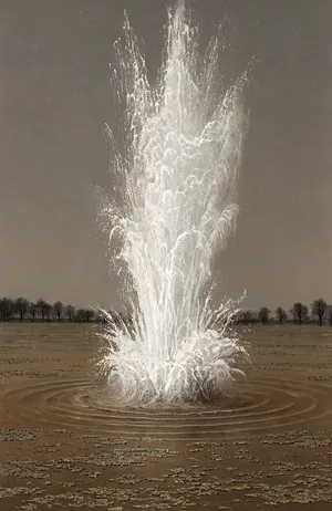 Colonna d’acqua che erompe di notte dalla superficie immobile di una palude, tra alberi spogli e lenticchia d’acqua