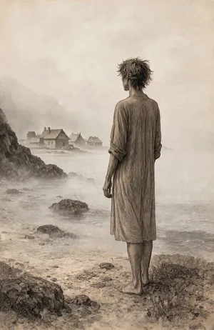 Figura scalza di spalle su una riva rocciosa nella nebbia, con un villaggio in lontananza