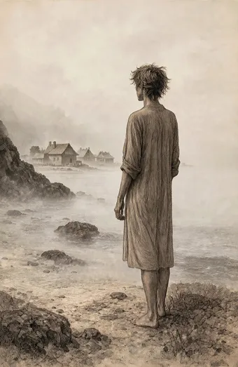Figura scalza di spalle su una riva rocciosa nella nebbia, con un villaggio in lontananza